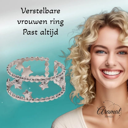 Stalen Verstelbare Open Ring - Sterretjes & Dots - One Size - ring277 - 161335 - Ringen kopen