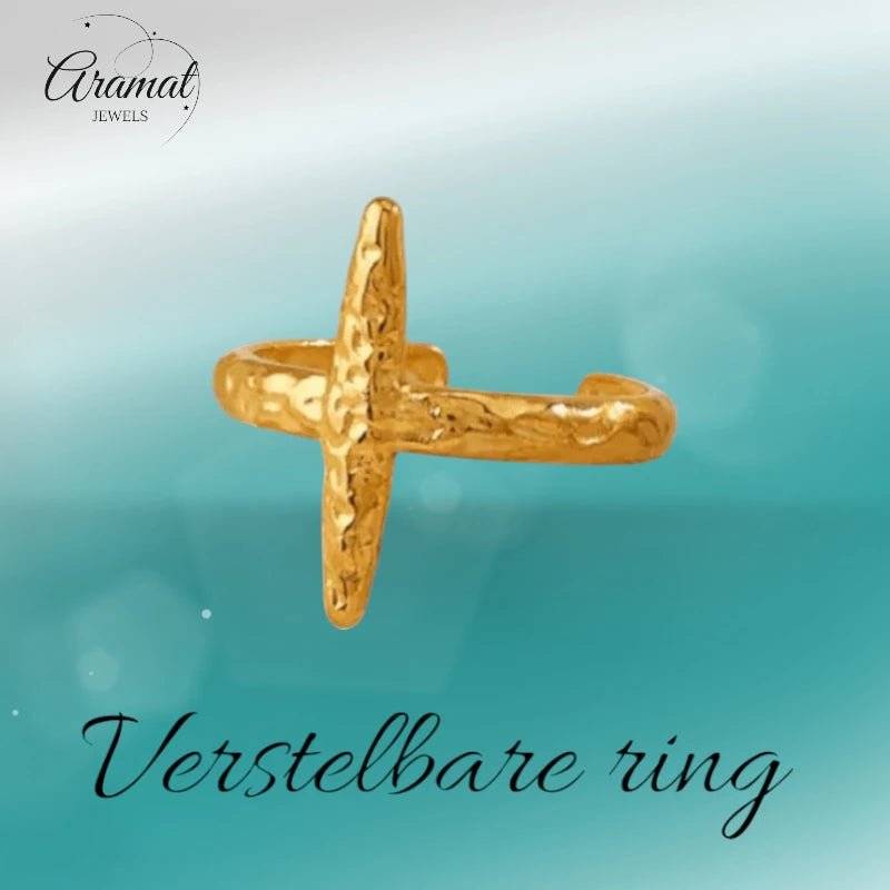Stalen verstelbare ring - met motief en recht opstaande streep - ring230 - Ringen kopen# - Goudkleur - alles - boho