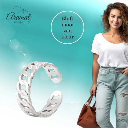 Stalen Verstelbare Schakel Ring - One Size - RVS - ring249 - 161114 - Ringen kopen