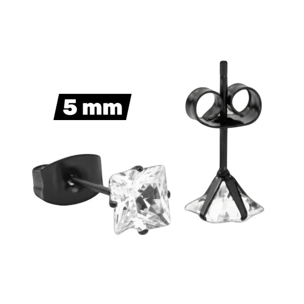 Oorbellen – RVS Zwartkleur met Vierkante Zirkonia (5mm)