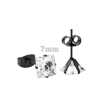 Oorbellen – RVS Zwartkleur met Vierkante Zirkonia (7mm)