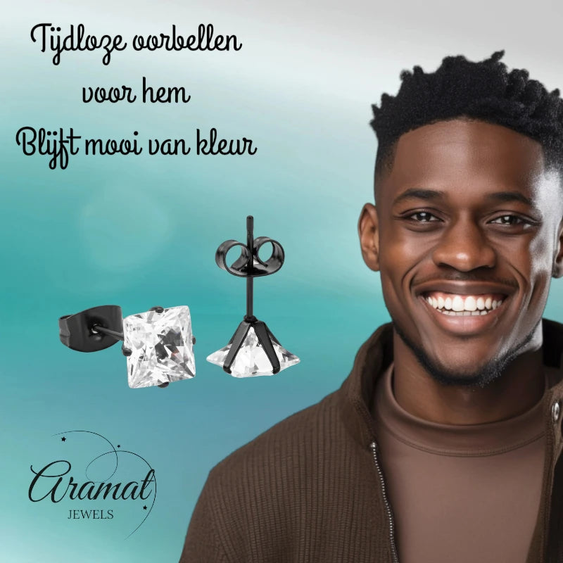 Oorbellen – RVS Zwartkleur met Vierkante Zirkonia (7mm)