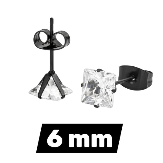 Boucles d'oreilles – Acier inoxydable noir avec zircon carré (6 mm)