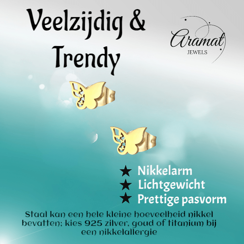Stalen vlinder oorbellen – goudkleur – 7x10 mm - Aramat Jewels - Oorbellen - cadeautip