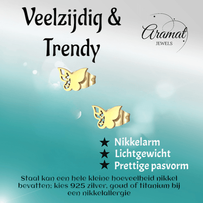Stalen vlinder oorbellen – goudkleur – 7x10 mm - Aramat Jewels - Oorbellen - cadeautip