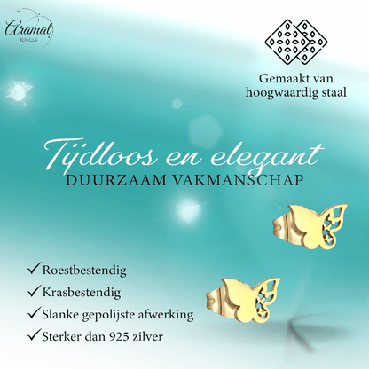Stalen vlinder oorbellen – goudkleur – 7x10 mm - Aramat Jewels - Oorbellen - cadeautip