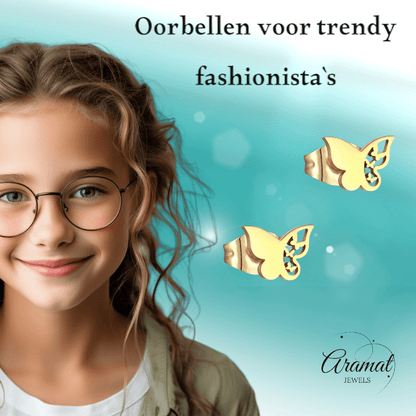 Stalen vlinder oorbellen – goudkleur – 7x10 mm - Aramat Jewels - Oorbellen - cadeautip