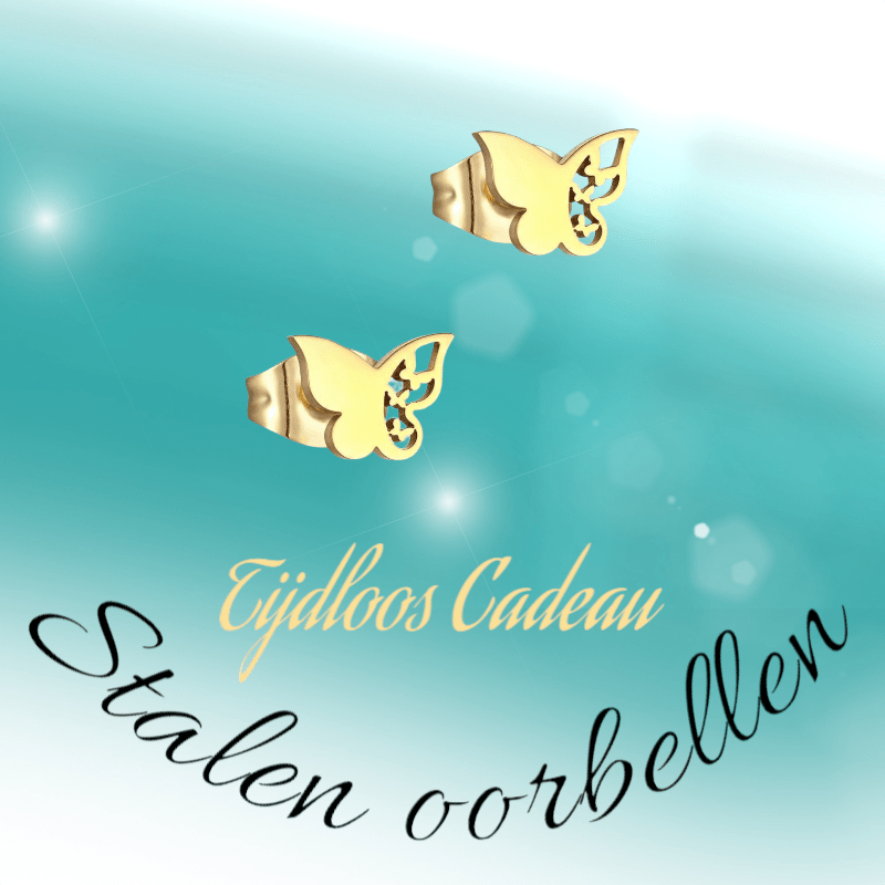Stalen vlinder oorbellen – goudkleur – 7x10 mm - Aramat Jewels - Oorbellen - cadeautip