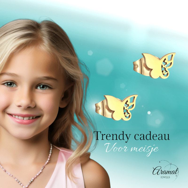 Stalen vlinder oorbellen – goudkleur – 7x10 mm - Aramat Jewels - Oorbellen - cadeautip