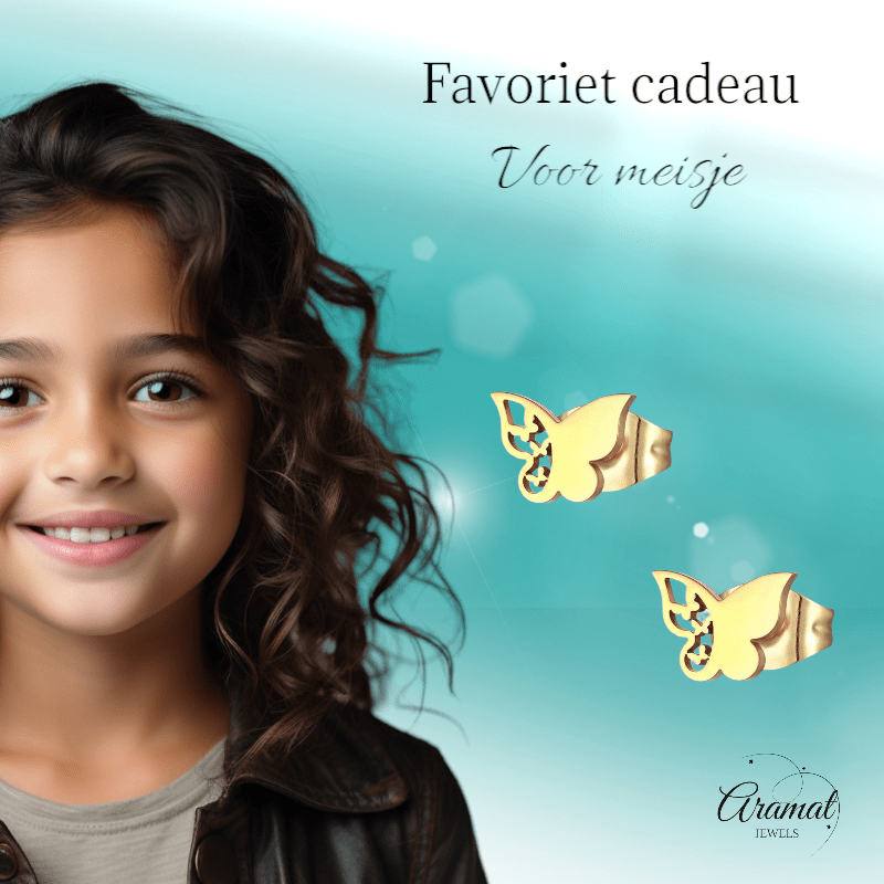 Stalen vlinder oorbellen – goudkleur – 7x10 mm - Aramat Jewels - Oorbellen - cadeautip
