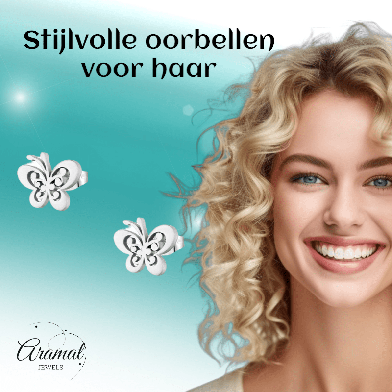 Stalen vlinder oorstekers zilverkleur 11x9mm - Aramat Jewels - Oorbellen - cadeautip