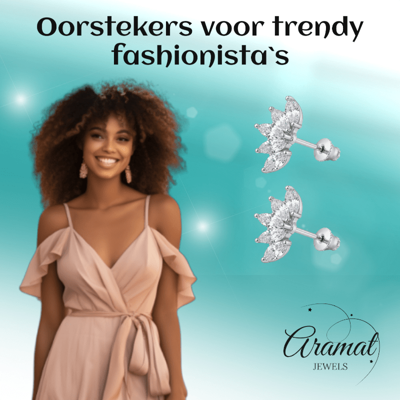Stalen Zirkonia Waaiertjes Oorbellen 10mm Schroefsluiting - Aramat Jewels - RVS Sieraden - Oorbellen - cadeautip