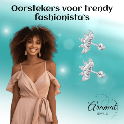 Stalen Zirkonia Waaiertjes Oorbellen 10mm Schroefsluiting - Aramat Jewels - RVS Sieraden - Oorbellen - cadeautip
