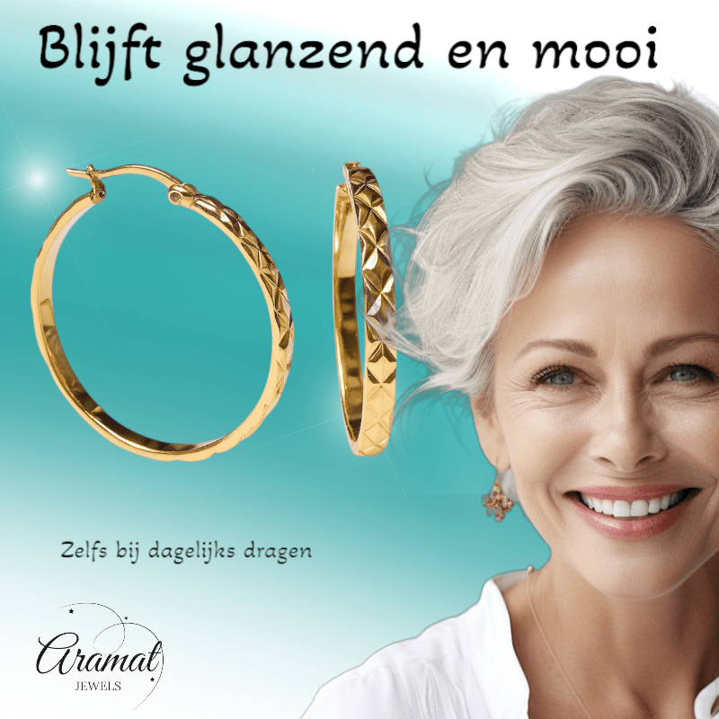 Statement Creolen 35mm Goudkleur met Ruitpatroon - XL Oorringen - Aramat Jewels - Oorringen - cadeautip