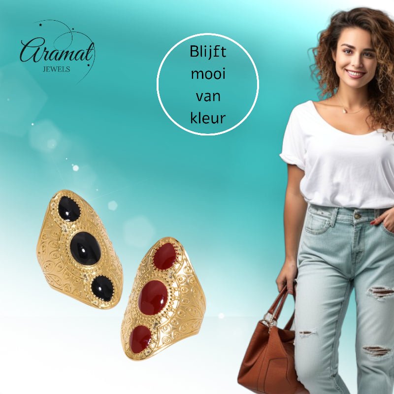 Statement Ring RVS met Drie Ovale Emaille Vullingen (45 mm Lang) - Aramat Jewels - Ringen - cadeautip