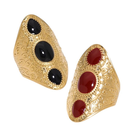 Statement Ring RVS met Drie Ovale Emaille Vullingen (45 mm Lang) - Aramat Jewels - Ringen - cadeautip