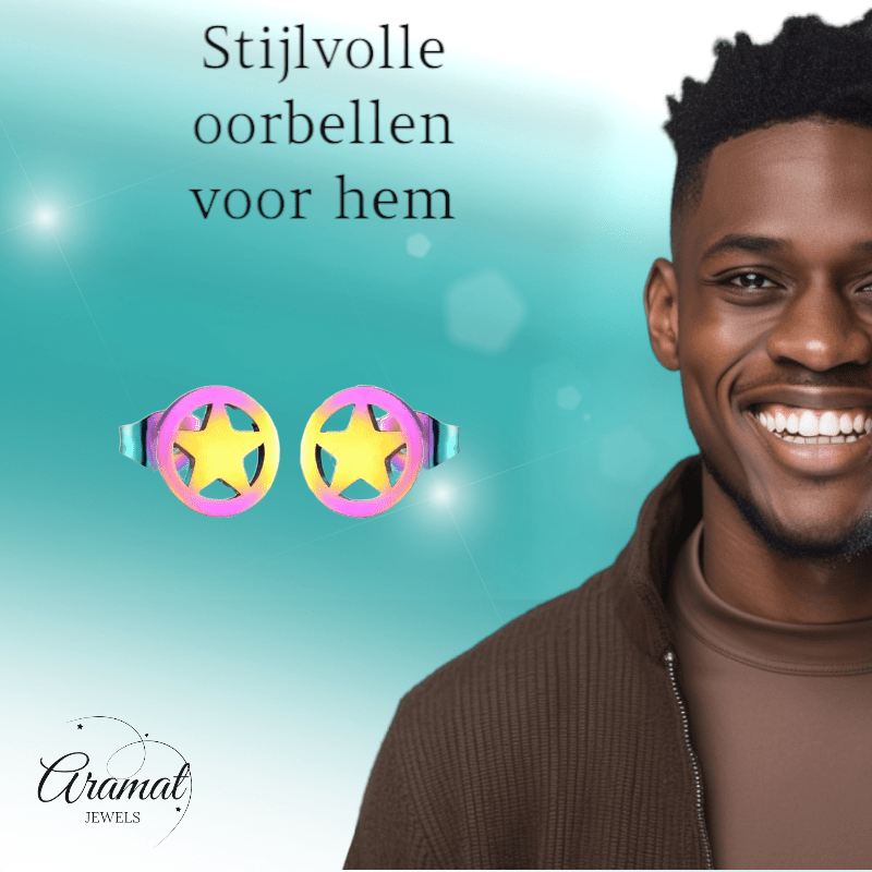 Ster cirkel oorstekers multikleur staal – 8mm - Aramat Jewels - Oorbellen - cadeautip