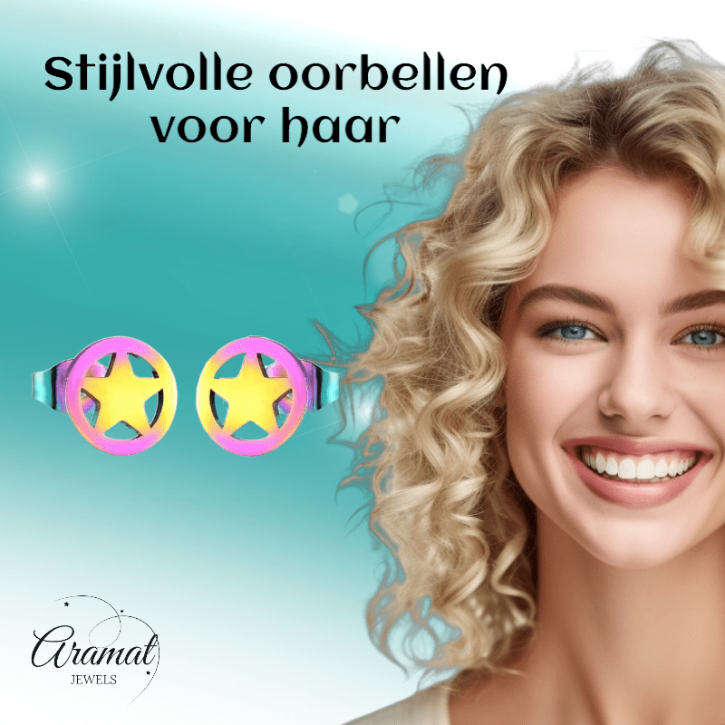 Ster cirkel oorstekers multikleur staal – 8mm - Aramat Jewels - Oorbellen - cadeautip