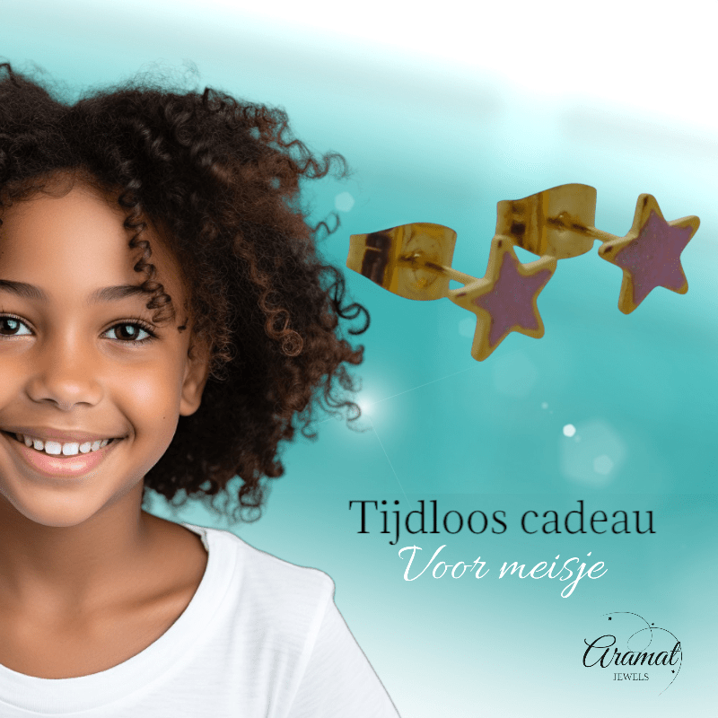 Ster Oorbellen - goudkleur - 6mm - Roze Emaille - Aramat Jewels - Oorbellen - cadeautip