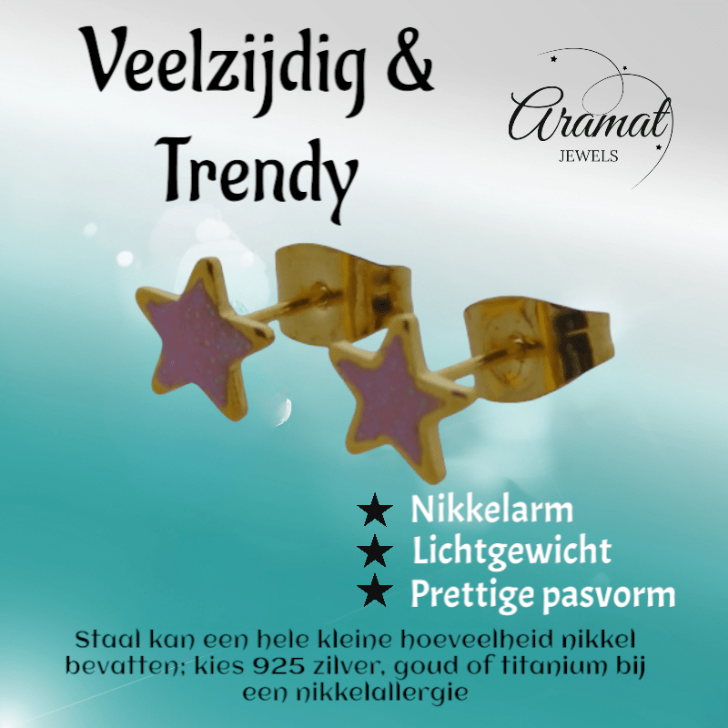 Ster Oorbellen - goudkleur - 6mm - Roze Emaille - Aramat Jewels - Oorbellen - cadeautip