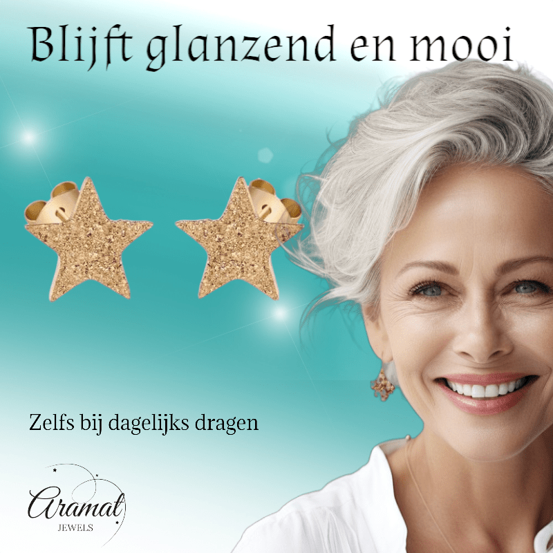 Ster oorstekers goudkleur – sandblasted – 6mm - Aramat Jewels - Oorbellen - cadeautip