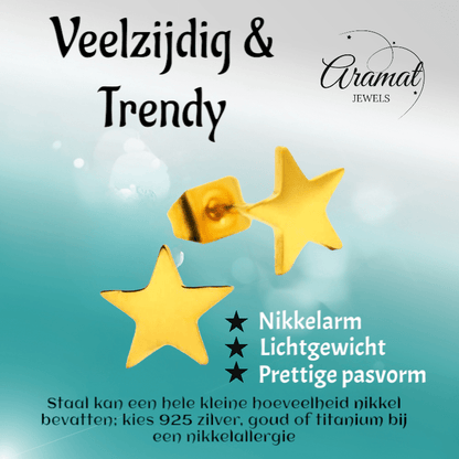 Ster oorstekers goudkleur staal – 8mm sprankelend - Aramat Jewels - Oorbellen - cadeautip
