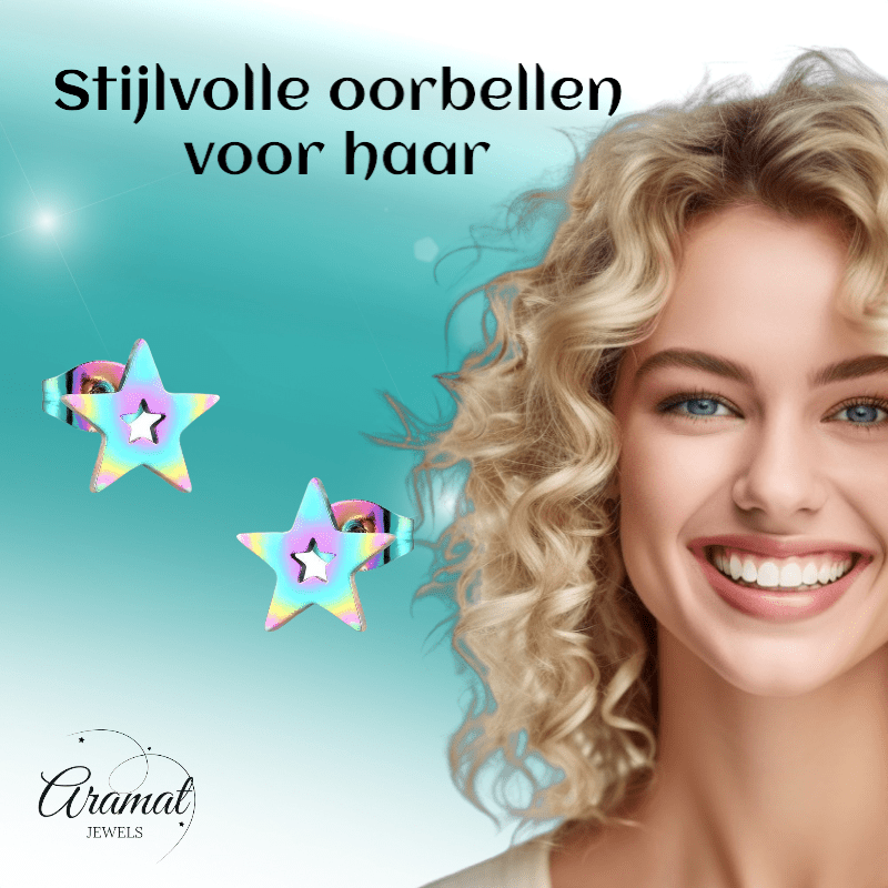 Ster oorstekers multikleur staal – 9mm uniek - Aramat Jewels - Oorbellen - cadeautip