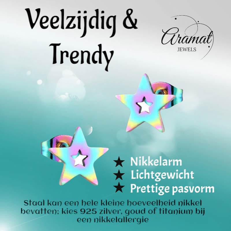 Ster oorstekers multikleur staal – 9mm uniek - Aramat Jewels - Oorbellen - cadeautip
