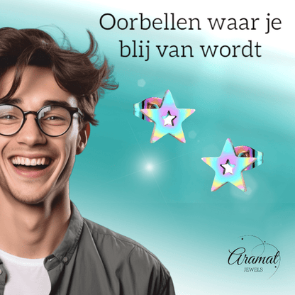 Ster oorstekers multikleur staal – 9mm uniek - Aramat Jewels - Oorbellen - cadeautip