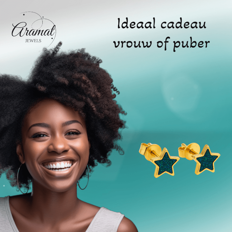 Sterren emaille oorstuds met zwart - groen glitter - oor6170 - YY - Oorbellen kopen# - 6mm - alles - cadeau