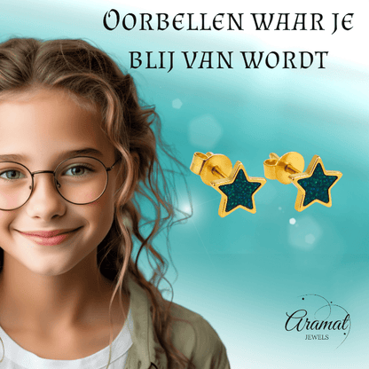 Sterren emaille oorstuds met zwart - groen glitter - oor6170 - YY - Oorbellen kopen# - 6mm - alles - cadeau