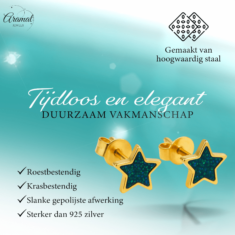 Sterren emaille oorstuds met zwart - groen glitter - oor6170 - YY - Oorbellen kopen# - 6mm - alles - cadeau