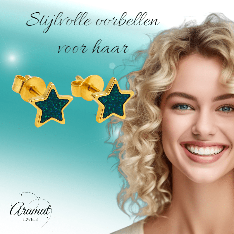 Sterren emaille oorstuds met zwart - groen glitter - oor6170 - YY - Oorbellen kopen# - 6mm - alles - cadeau