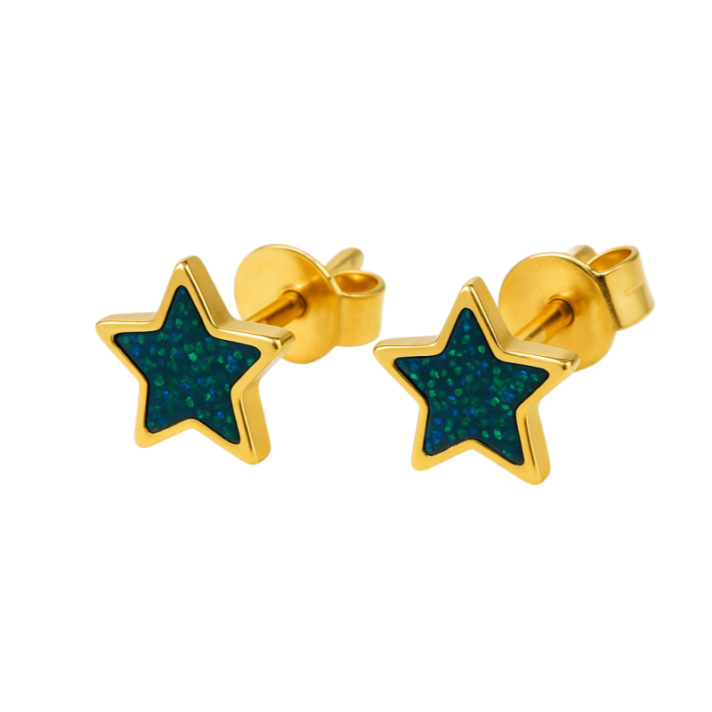 Sterren emaille oorstuds met zwart - groen glitter - oor6170 - YY - Oorbellen kopen# - 6mm - alles - cadeau