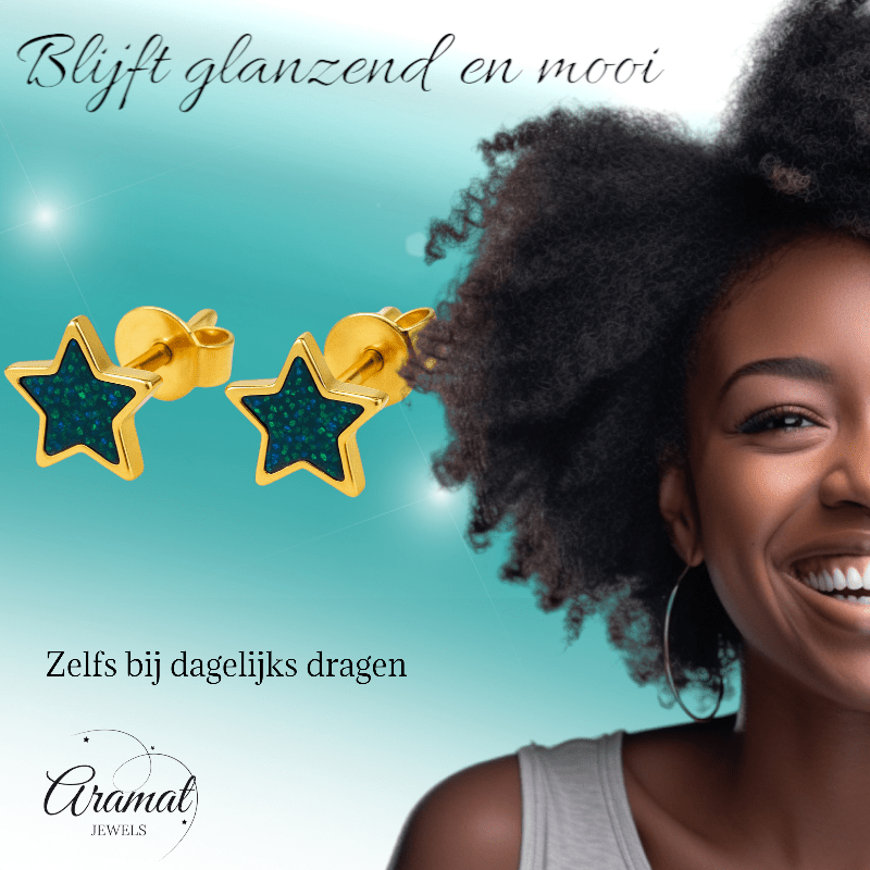 Sterren emaille oorstuds met zwart - groen glitter - oor6170 - YY - Oorbellen kopen# - 6mm - alles - cadeau