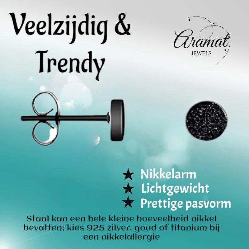 Stoere Zwarte Oorbellen Sandblast - 5mm RVS Mat - oor6204 - tm - Oorbellen kopen# - 5mm - alles - cadeau