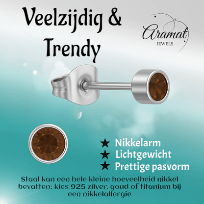 Topaasbruine kristal oorstekers – 4mm zilver RVS - Aramat Jewels - Oorbellen - cadeautip