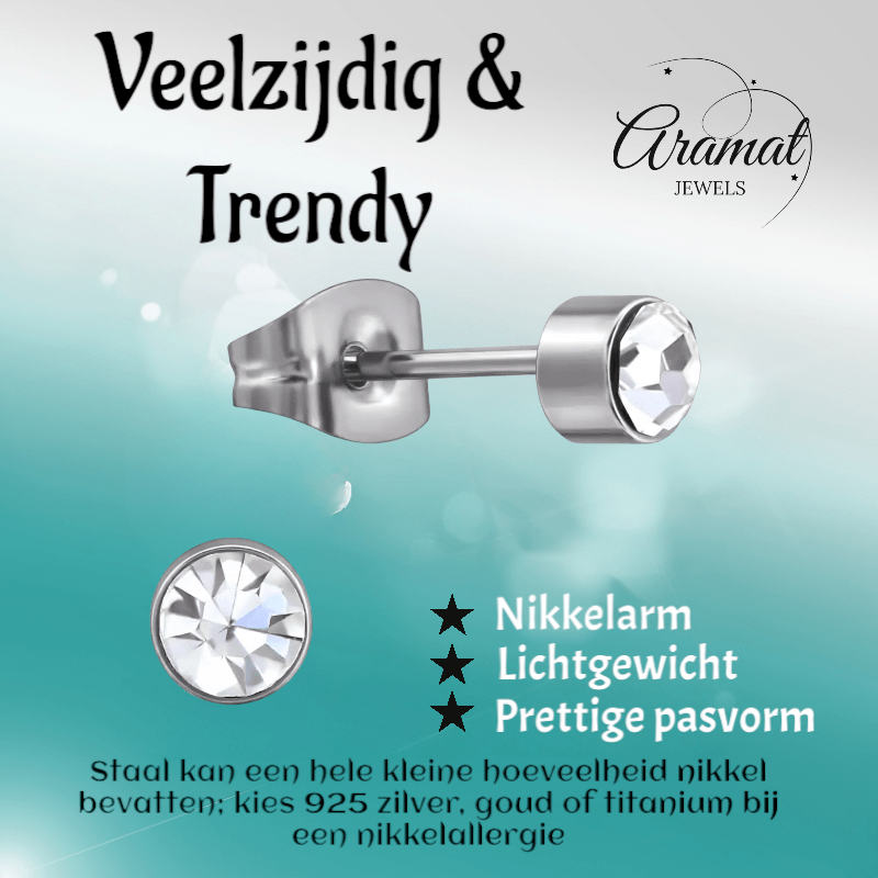 Transparante kristal oorstekers – 4mm zilver RVS - Aramat Jewels - Oorbellen - cadeautip