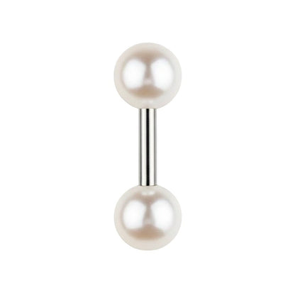 Aramat Jewels steel tongue piercing with a white pearl on each end. Hypoallergenic and elegant.