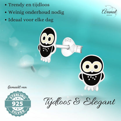 Trendy Zilveren Uiltjes Oorbellen - Zwart Emaille - oor257 - 3679 - Oorbellen kopen