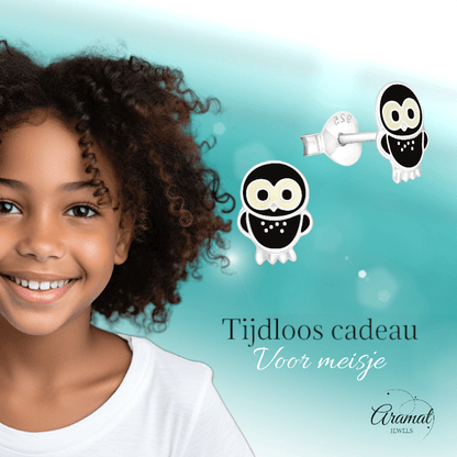 Trendy Zilveren Uiltjes Oorbellen - Zwart Emaille - oor257 - 3679 - Oorbellen kopen