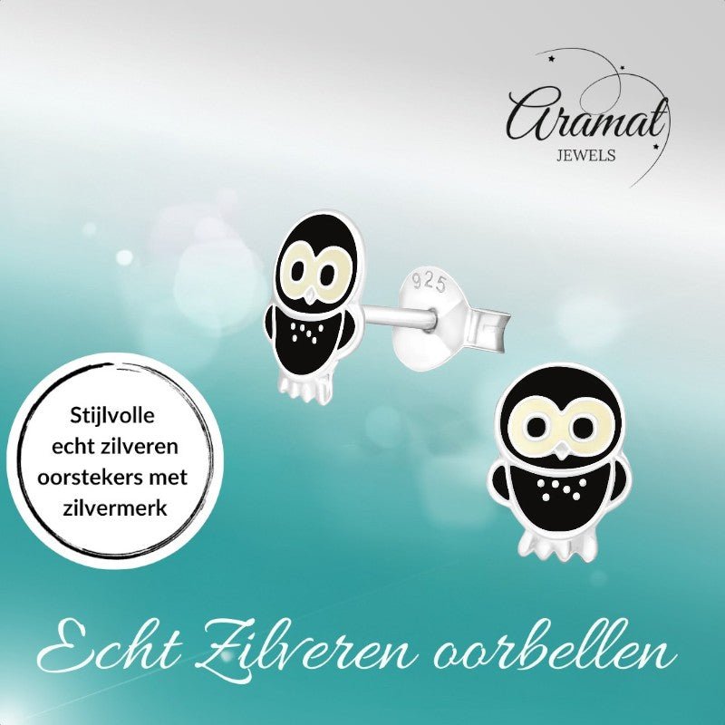 Trendy Zilveren Uiltjes Oorbellen - Zwart Emaille - oor257 - 3679 - Oorbellen kopen