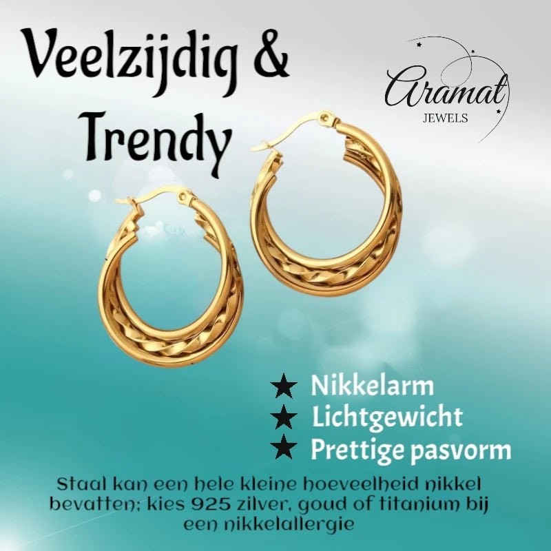 Triple Goudkleurige Oorringen 30x7,5mm – 2 Glad & 1 Gedraaid - oor6291 - 647258 - Oorringen kopen# - 30mm - alles - cadeau