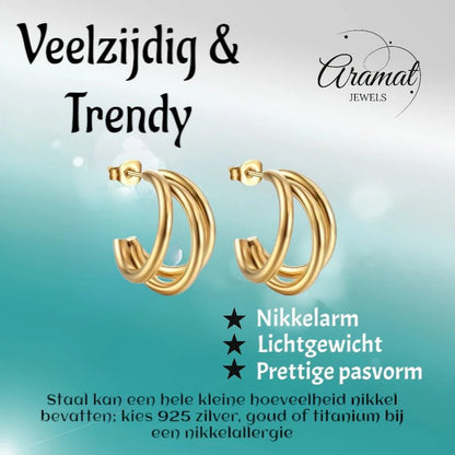 Triple Halve Oorringen RVS Goudkleurig 25mm - oor6385 - 22985 - Oorbellen kopen# - 25mm - alles - cadeau
