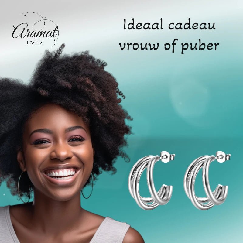 Triple Halve Oorringen RVS Zilverkleurig 25mm - oor6386 - 22982 - Oorbellen kopen# - 25mm - alles - cadeau