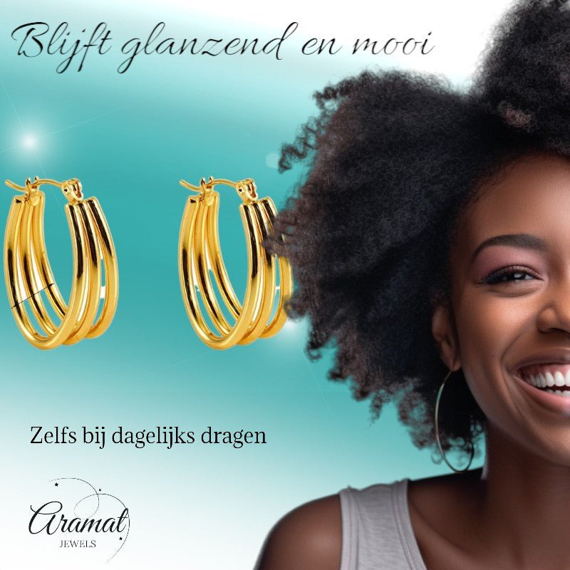 Triple Oorringen RVS Goudkleurig – 26x18mm – Ovale Creolen met Open Design - oor6311 - 558997 - Oorringen kopen# - 26mm - alles - cadeau
