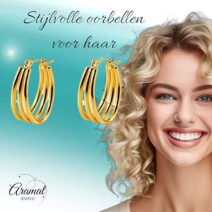 Triple Oorringen RVS Goudkleurig – 26x18mm – Ovale Creolen met Open Design - oor6311 - 558997 - Oorringen kopen# - 26mm - alles - cadeau
