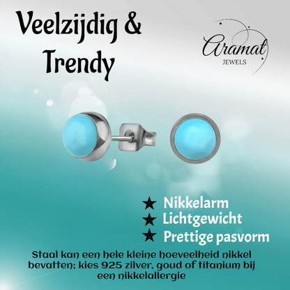 Turkoois Blauwe 6mm Oorbellen - Aramat Jewels - Oorbellen - cadeautip
