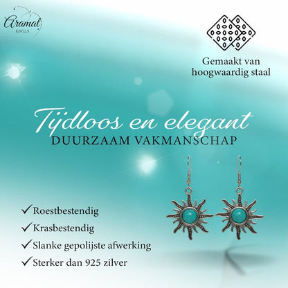 Turquoise Boho Oorhangers Zonvorm Antiek Zilver - Aramat Jewels - Oorhangers - cadeautip