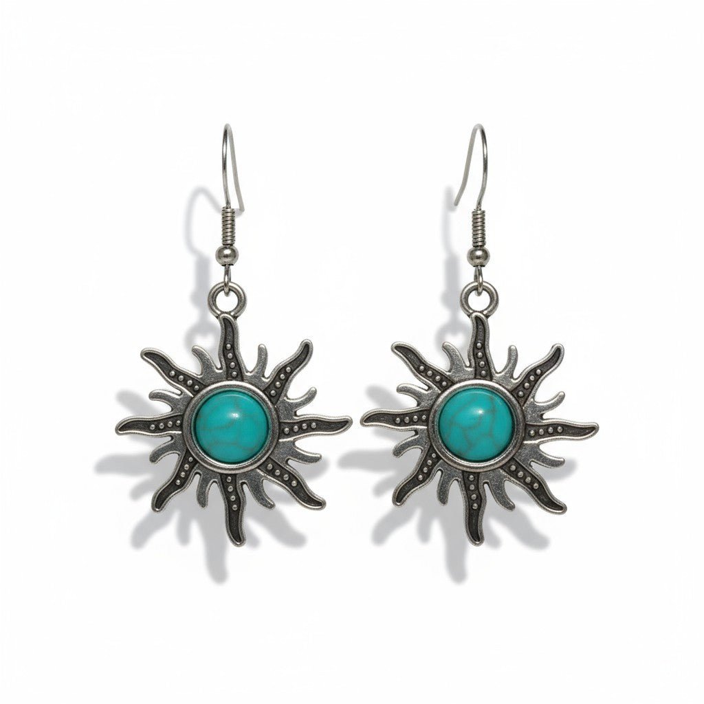 Boho oorhangers met turquoise steen zonvorm en antiek zilver, 45x23mm, lichtgewicht bohemian oorbellen voor dames